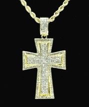 Mens Iced Cz Cross Pendant 14k Gold Plated 24&quot; Rope Chain Hip Hop Necklace - £7.42 GBP