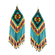 Multi-Color Beaded Aztec Pattern Tassel Drop Earrings Handmade - £12.85 GBP