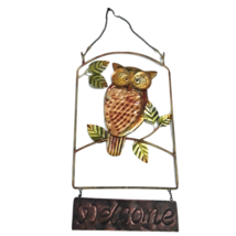 Welcome Sign Owls Metal Glass Wall Hanging Cute 10&quot; x 25&quot; - £18.98 GBP