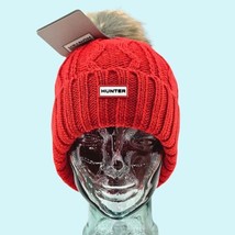 Hunter Beanie Hat Red Cuffed Cable Knit Faux Fur Pom Pom Cottagecore Out... - £53.21 GBP