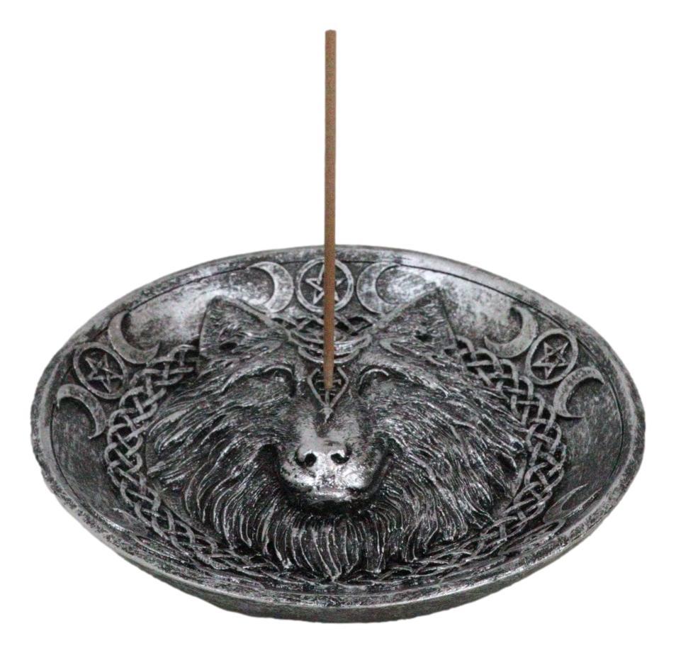 Wicca Celtic Knotwork Triple Moon Pentagram Gray Wolf Round Incense Holder - $16.49