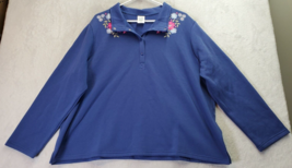 Blair Blouse Top Womens Petite 2XL Blue Embroidered Floral Fleece 1/4 Snap - £14.73 GBP
