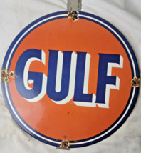 Vintage 11 3/4" Gulf Porcelain Sign Pump Plate Gas Station Oil Service Station - $113.85
