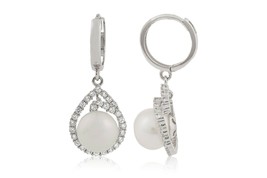 14K Solid White Gold White Pearl Huggie Created Diamond Dangle Earrings 1.00Ct - £633.07 GBP