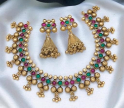 Bollywood Matt Gold Plated Antique Style Indian Choker Necklace Jewelry Set - £30.04 GBP