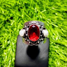 Garnet &amp; Moonstone Ring – Boho Statement Tribal Silver Ring, Wide Band A... - $70.56 CAD