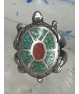 Turtle ring Navajo turquoise coral chips band size 6.75 sterling silver ... - $1,413.68 MXN