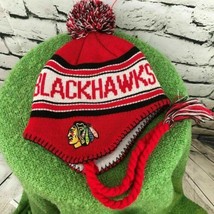 Reebok NHL Blackhawks Boys Sz 4-7 Hat Red Tassel Pom-Pom Beanie Winter Cap - £11.86 GBP