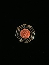 Vintage 40s brass brooch with coral celluloid rose