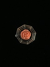 Vintage 40s brass brooch with coral celluloid rose - $18.00