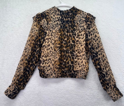 Free People Shirt Womens Extra Small Balloon Sleeve Leopard Print Smocked Flaws - £19.77 GBP