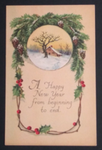 A Happy New Year Snow Scenic View Pinecones Holly UNP Gibson Postcard c1910s - £6.37 GBP