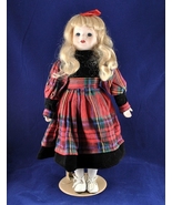 Blonde Porcelain Doll 15-in Blue Eyes Red Tartan Plaid Dress Black Bodice - $12.50