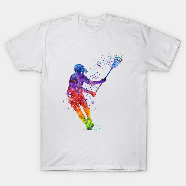 Lacrosse Girl Player Watercolor Silhouette Painting T-Shirt - $23.57 CAD