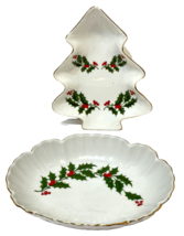 Vintage Christmas Holly Lot of 2 Candy and Nut Dishes Trinket Tree Shape... - $20.52