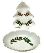 Vintage Christmas Holly Lot of 2 Candy and Nut Dishes Trinket Tree Shape... - £16.34 GBP