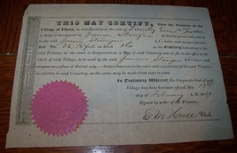 1869 ANTIQUE JAMES STANYON CEMETERY PLOT CERTIFICATE VILLAGE ITHACA NY D... - $26.72