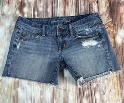 American Eagle Size 4 Low Rise Blue Jean Distressed Denim Shortie Shorts... - $23.74