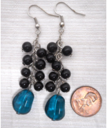Blue Glass Stone W Black Bead Accents Silver-Tone Colored Metal Dangle-E... - £11.79 GBP
