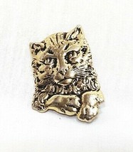 Vintage Cat Head Etched Metal Brooch Pin Gold Tone  1&quot; Front Paws  - £11.76 GBP