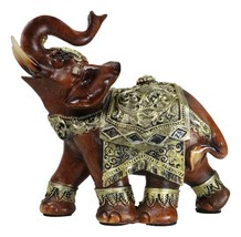 Faux Wood Trunk Up Elephant With Golden Scrollwork And Glass Mirrors Fig... - £17.00 GBP