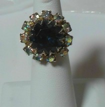 Antique Gold-tone Large Blue Faceted Stone &amp; Rhinestone Adjustable ring - £35.09 GBP