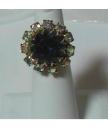 Antique Gold-tone Large Blue Faceted Stone &amp; Rhinestone Adjustable ring - $828.63 MXN