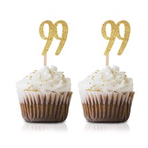 Gold Happy 99Th Birthday Cupcake Topper, 24-Pack Number 99 Glitter Birth... - $18.99