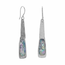 Ancient Roman Glass Drop Oxidized Textured Sterling Silver French Wire Earrings - £216.20 GBP