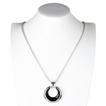 Silver Tone Necklace & Circular Pendant With Jet Black Inlay - $29.99