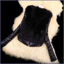 Black PU Leather Long Sleeve Faux Fur Vest Back n Front Short Waist Coat Jacket  image 3