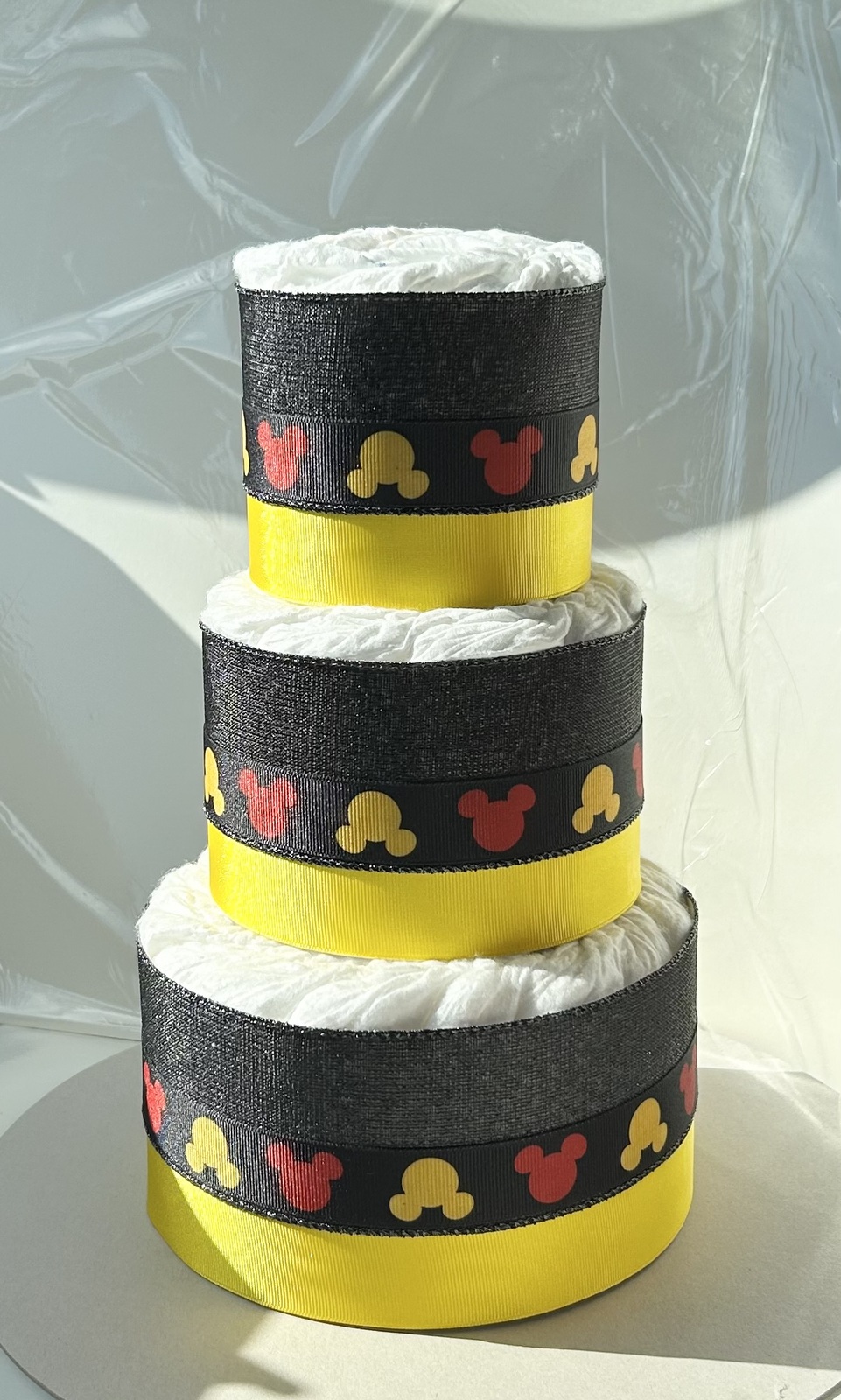 Disney Mickey Mouse Themed Baby Shower Red Black Yellow Diaper Cake Centerpiece