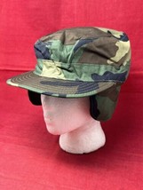 Army Woodland Camo Nylon Cotton Camouflage Hat Class 1 Size 7 1/4 Ear Neck Flaps - £11.70 GBP