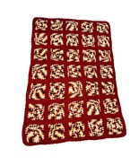Vintage 70s Handmade Granny Square Blanket Red Black Orange White 68&quot; x 49&quot; - $31.22