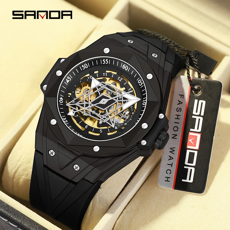 SANDA  Tourbillon Men&#39;s Mechanical Watch Fashion Skeleton Automatic Clock Waterp - £118.69 GBP