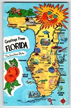 Greetings From Florida Postcard Map Chrome Sunshine State Flamingo Beach... - $11.88
