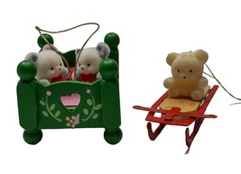 1985 Enesco Miniature Teddy Bear in Green Pink Wooden Bed Ornament Teddy On Sled - £6.37 GBP