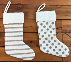 Pair Felted Wool Gold Natural Vtg Style Striped Polka Dot Christmas Stoc... - $39.59