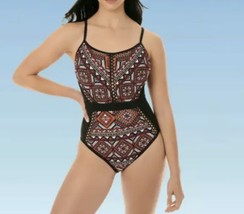 NWT Beach Betty Slimming One Piece Swimsuit Black Red Geometric Eyelet P... - $24.69
