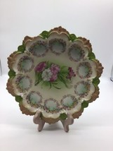 10&quot; Austrian Porcelain Serving Bowl Pink Green Floral scalloped edge Antique - £21.55 GBP