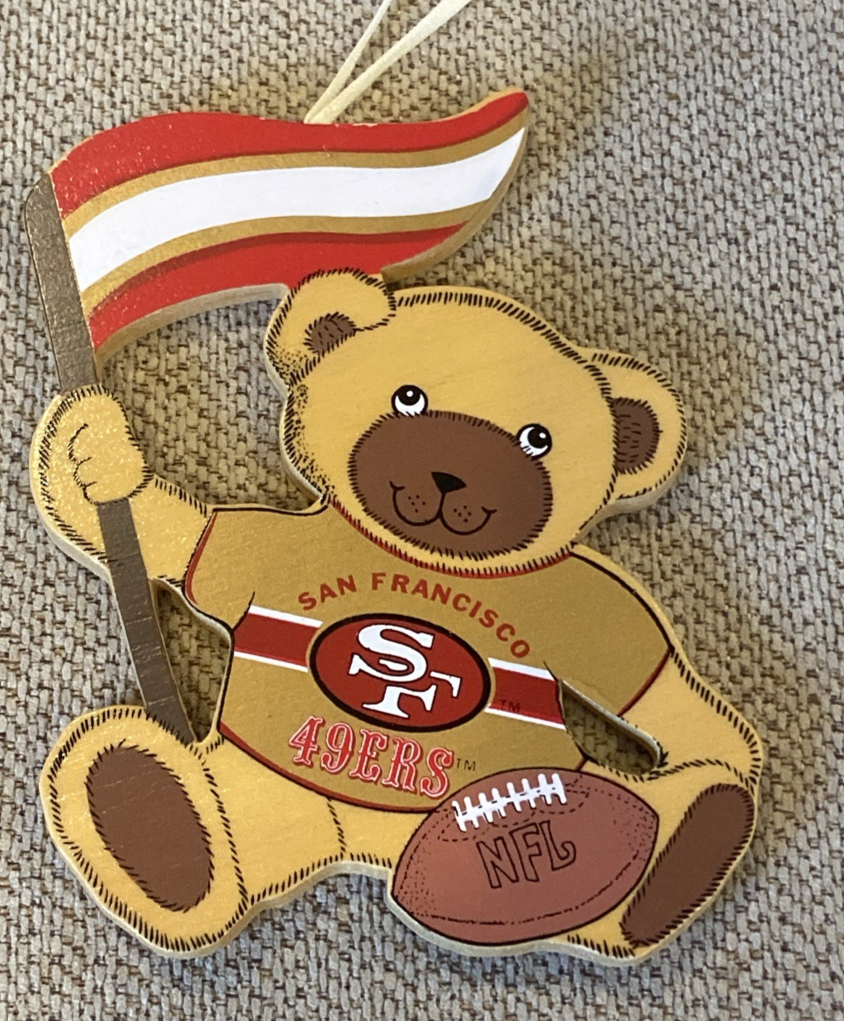1991 San Francisco 49ers Teddy Bear with Flag Wooden Christmas Ornament Item image 3