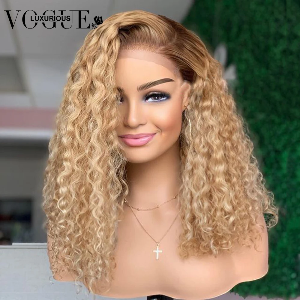 #27 Honey Blonde Bob Wig Jerry Curly Human Hair Wigs 13x4 Short Pixie Cut W - £106.94 GBP+