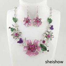 sheishow Exaggeration Flower Shape Metal Drop Glaze Necklace Earrings Set For Wo - £18.07 GBP