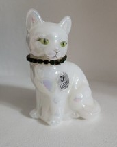 Fenton Glass Cat Figurine Pearl White Opalescent Emerald Rhinestone Coll... - $49.49