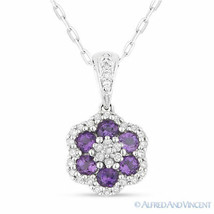 0.54ct Round Cut Purple Amethyst Diamond 14k White Gold Flower Necklace Pendant - £556.06 GBP