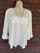 White Blouse Small Crochet Square Neck 3/4 Sleeve Bunulu Top Shirt Gypsy Boho - $7.60