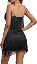 Women&#39;s Layered Fringe Deep V Neck Cami Mini Dress Sleeveless Tassels Flapper - £13.37 GBP