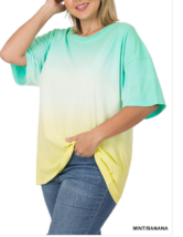 Zenana Outfitters 1X Cotton Dip Dyed Boxy Cut Round Neck Tee Shirt Mint/Yellow - £11.81 GBP