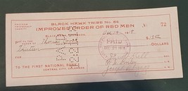 1918 Antique Improved Order Red Men Bank Check Central City Krell Kriley Bozago - £27.21 GBP