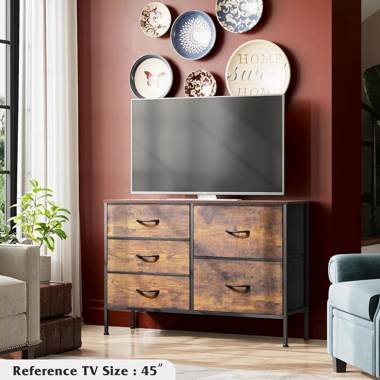 Rustic Wood Tone 5 Drawer Tall Dresser Storage Tower Efficient Bedroom O... - $105.63 CAD